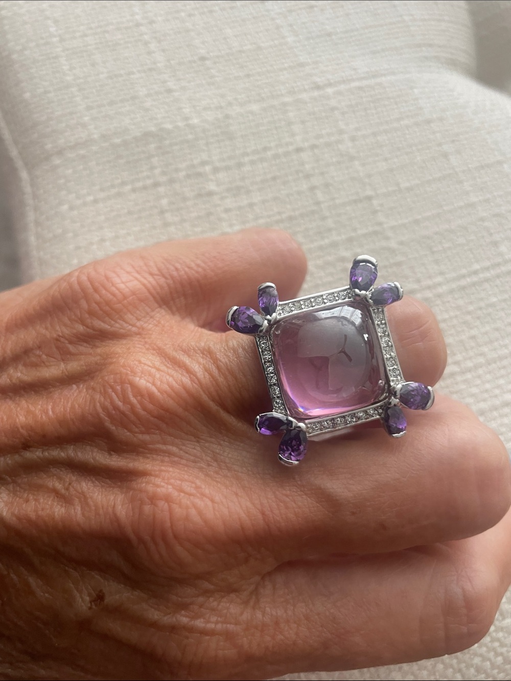 Pink Cushion Gemstone Statement Ring with Purple Accent Stones